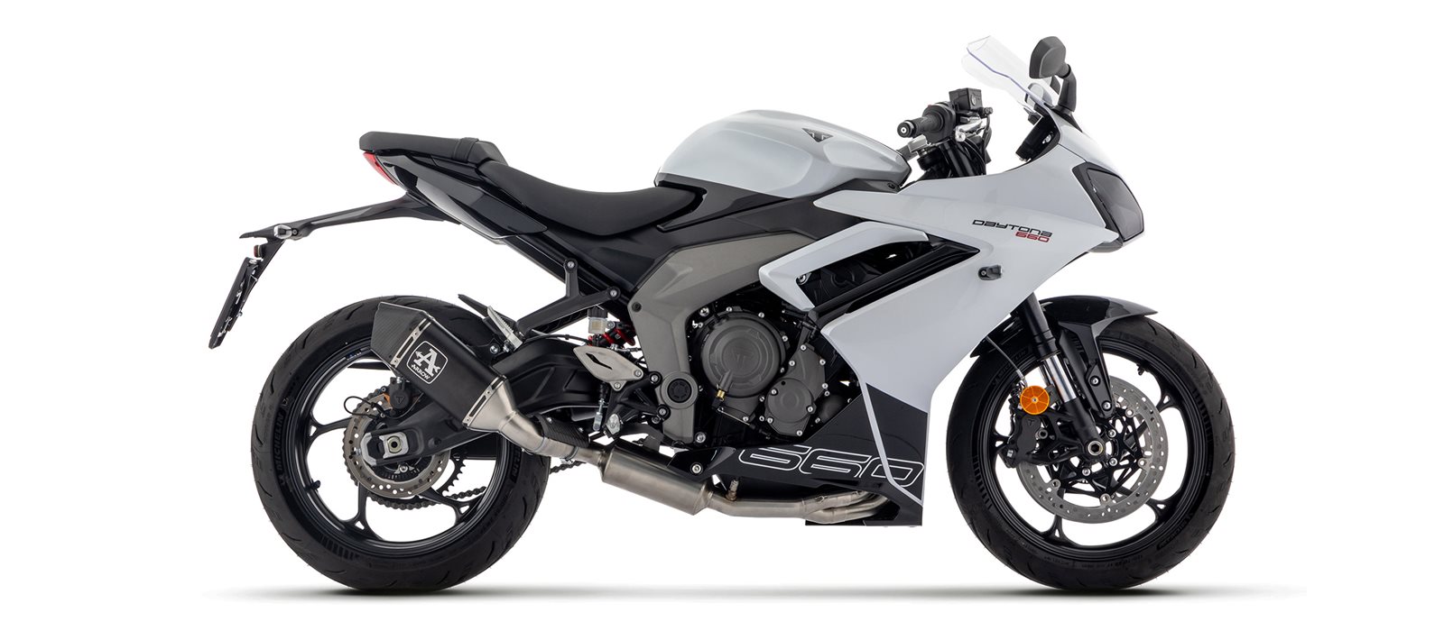 ARROW Racing Full System with VELOCE Black Silencer with Carbon End Cap for Triumph Daytona 660, 2024-
