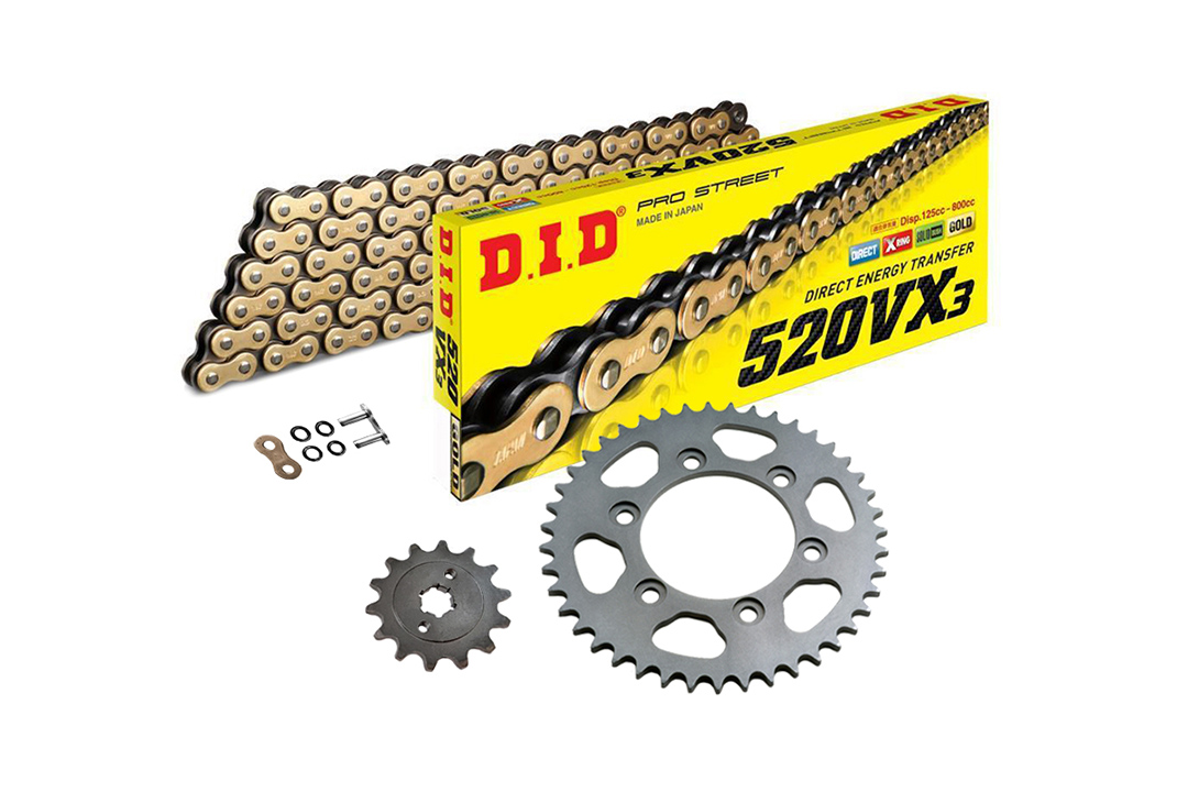 DID chain kit with 520VX3 chain, gold colour, for Yamaha WR250R, Type DG20, model year 2008-