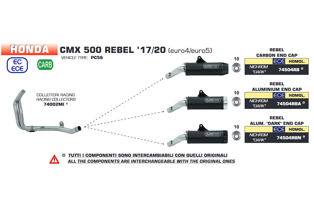 ARROW Racing Header for Honda CMX500 Rebel 2017-, without catalyst