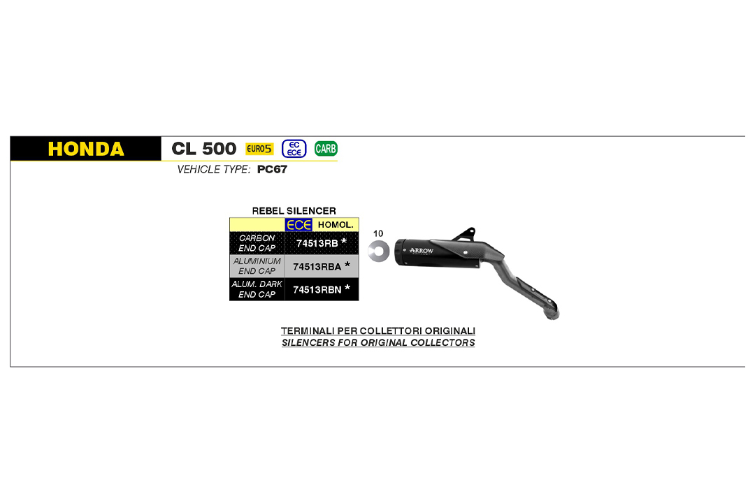 ARROW REBEL Slip-On Exhaust, Black Stainless Steel with Black Aluminium End Cap for Honda CL500 Model Year 2023-