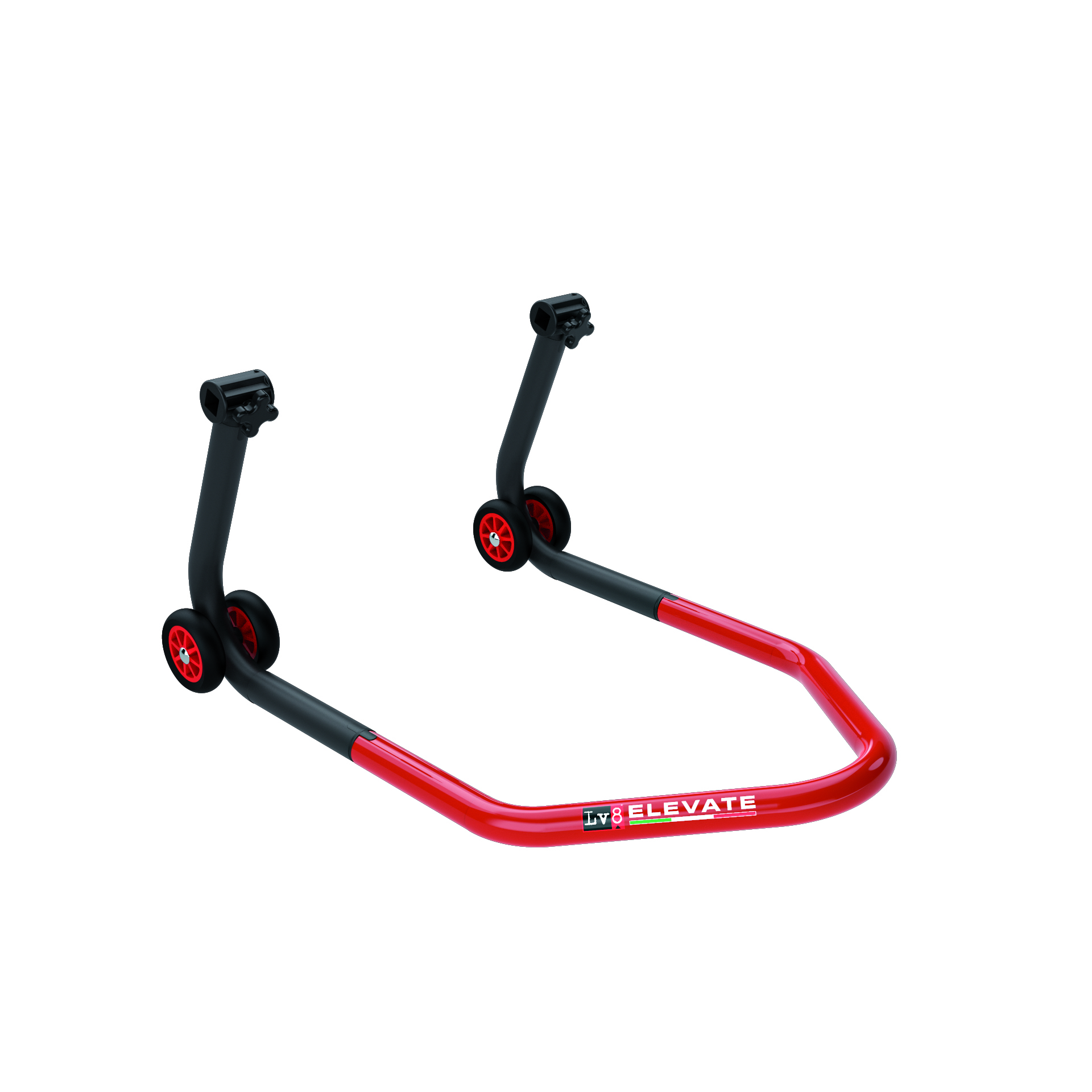 LV8 ELEVATE Universal Paddock Stand for front wheel with Conical Adaptors, Black/Red