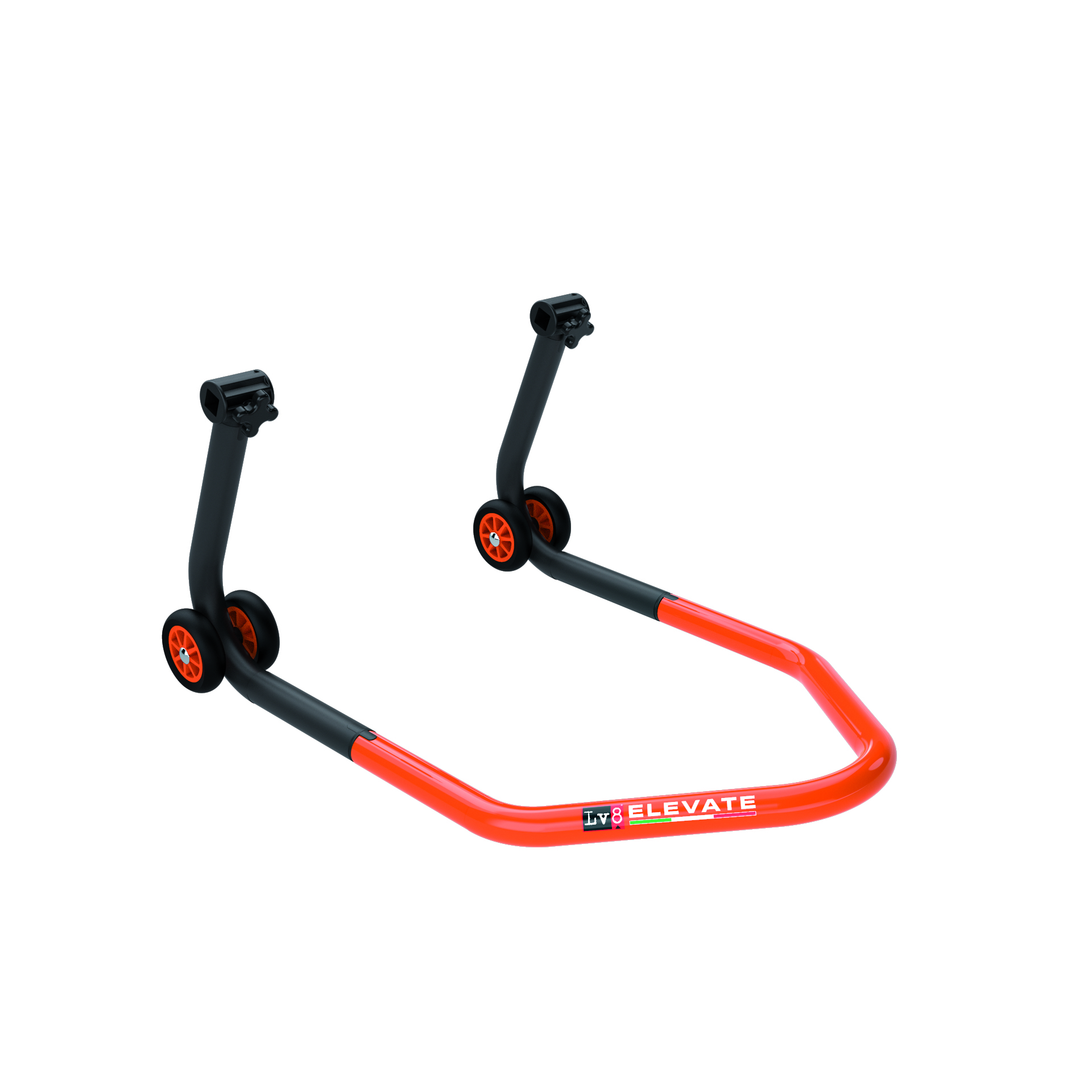 LV8 ELEVATE Universal Paddock Stand for the rear wheel with V-Shaped mountings, Black/Orange