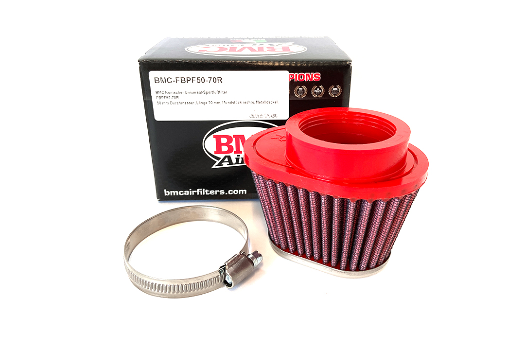 BMC Conical Universal Sports Air Filter, 50 mm Diameter, 70 mm Length, right side R/S, Chrome Cap