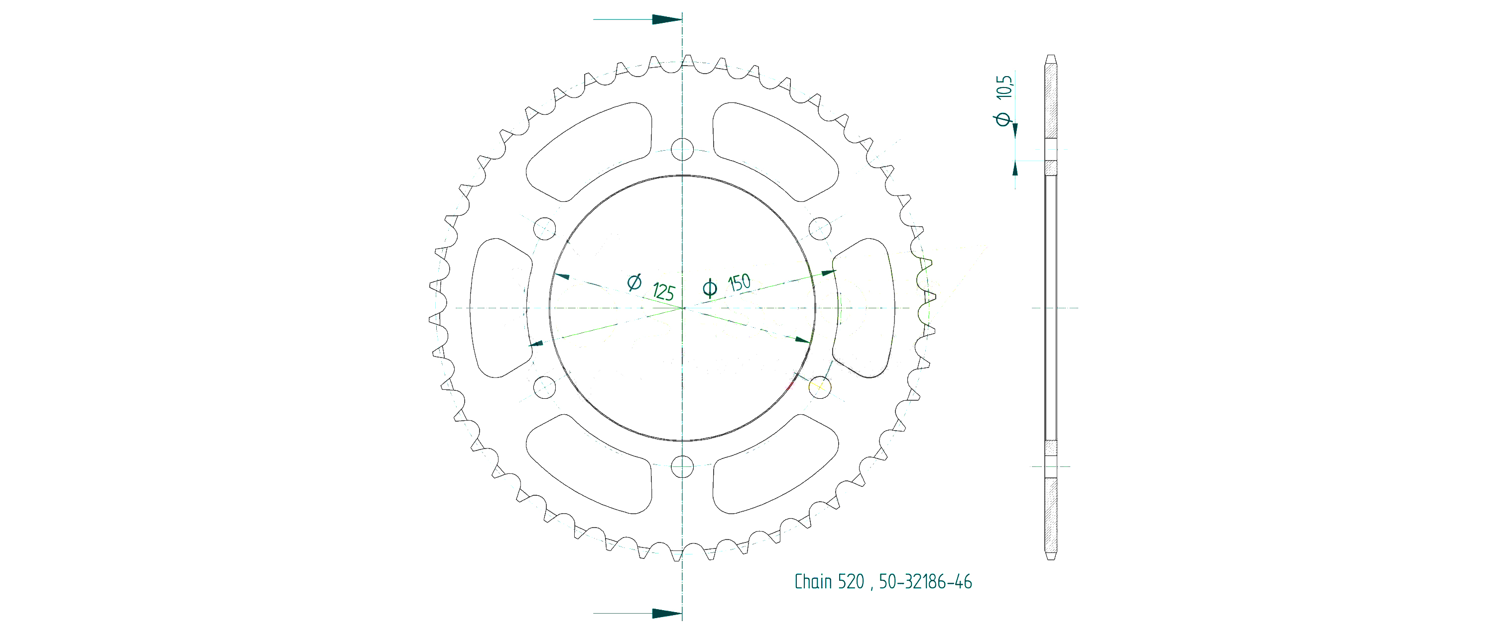rear sprocket Steel, 46 Teeth, Pitch 520