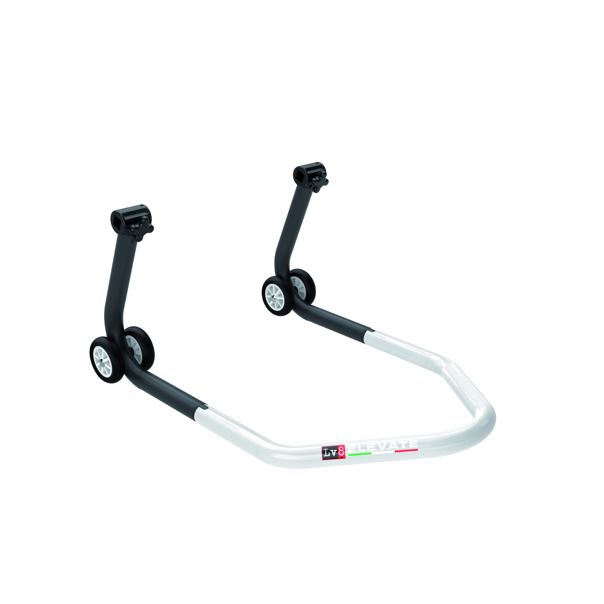 LV8 ELEVATE Universal Paddock Stand for rear wheel with V-Shaped mountings, Black/White