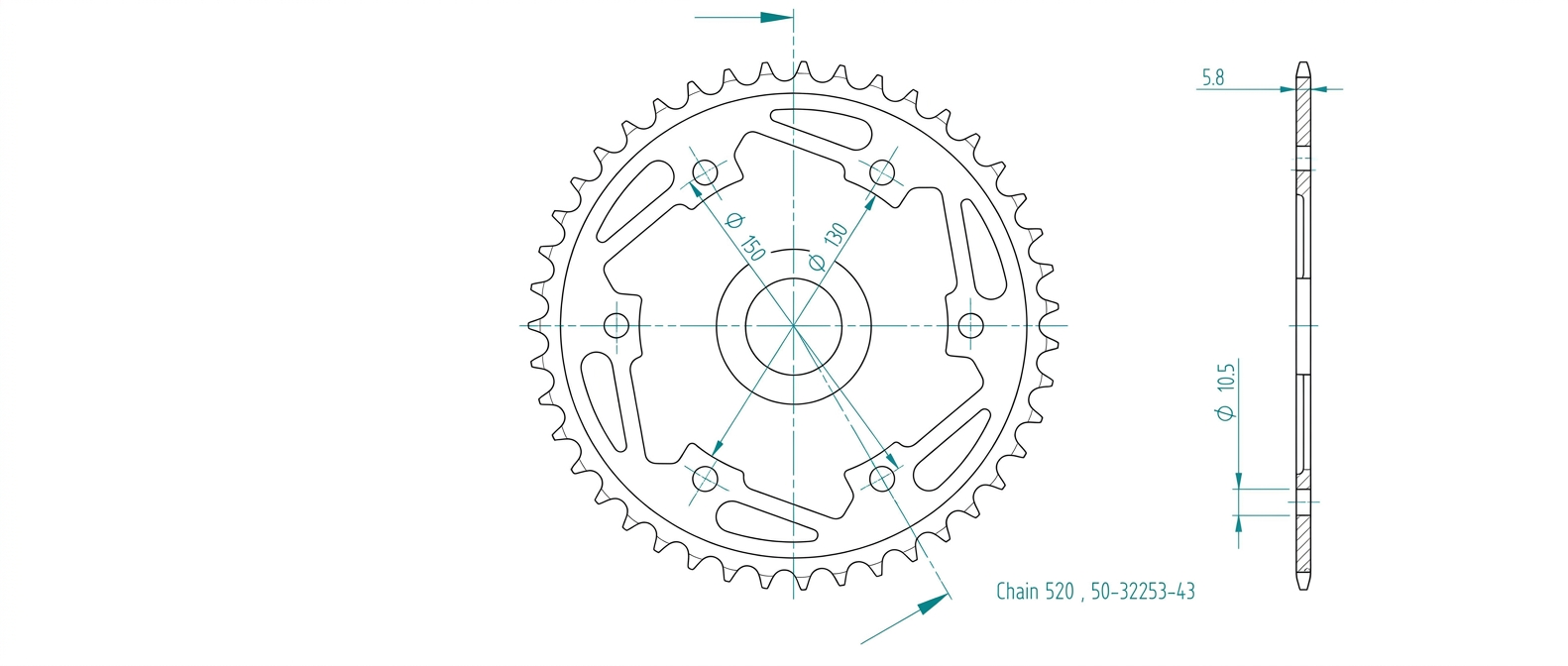 rear sprocket Steel, 43 Teeth, Pitch 520