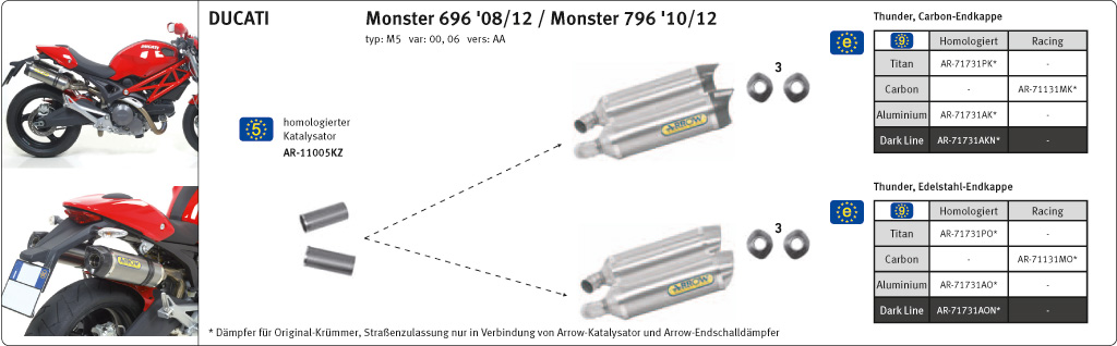 ARROW THUNDER Exhaust for Ducati Monster 696 / 796 / 1100 2008-2014, Aluminium