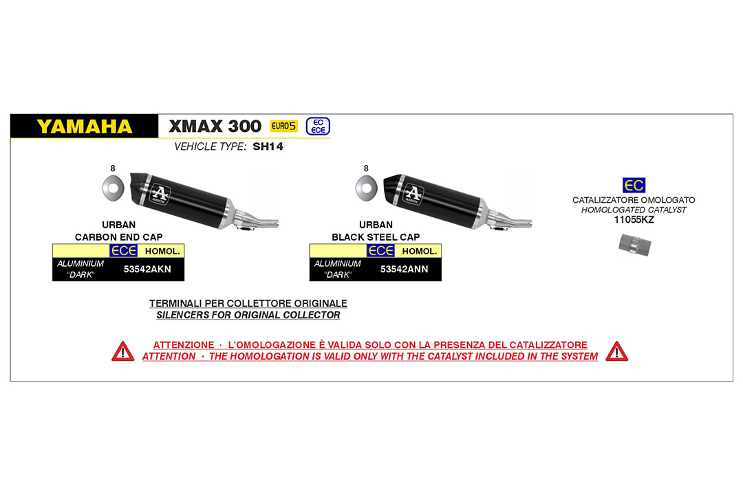 ARROW DARK URBAN Exhaust for Yamaha X-Max 300 and Tricity 300 from model year 2021-, Stainless Steel End Cap