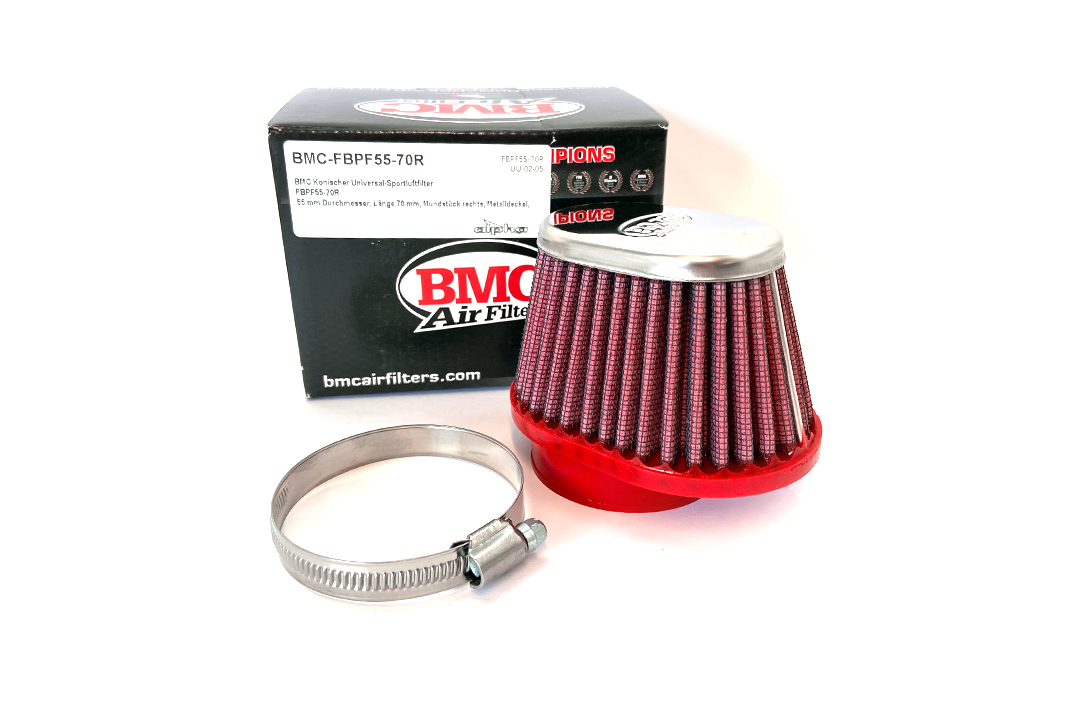 BMC Conical Universal Sport Air Filter, 55 mm Diameter, 70 mm Length, right side R/S, Chrome Cap