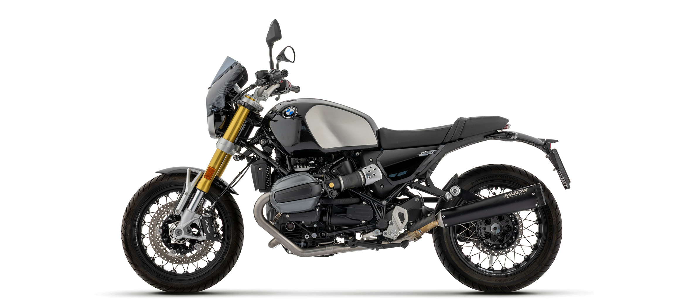 ARROW REBEL DARK Slip-On Exhaust with black aluminium end cap for BMW R12 nineT, 2024-