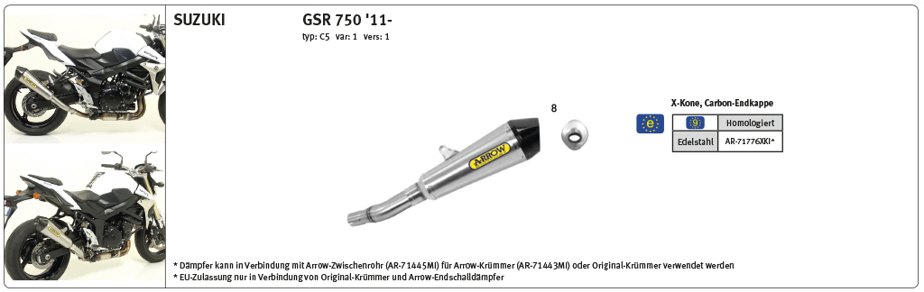 ARROW X-KONE Exhaust for Suzuki GSR750 / GSX-S750 2011-, Stainless Steel