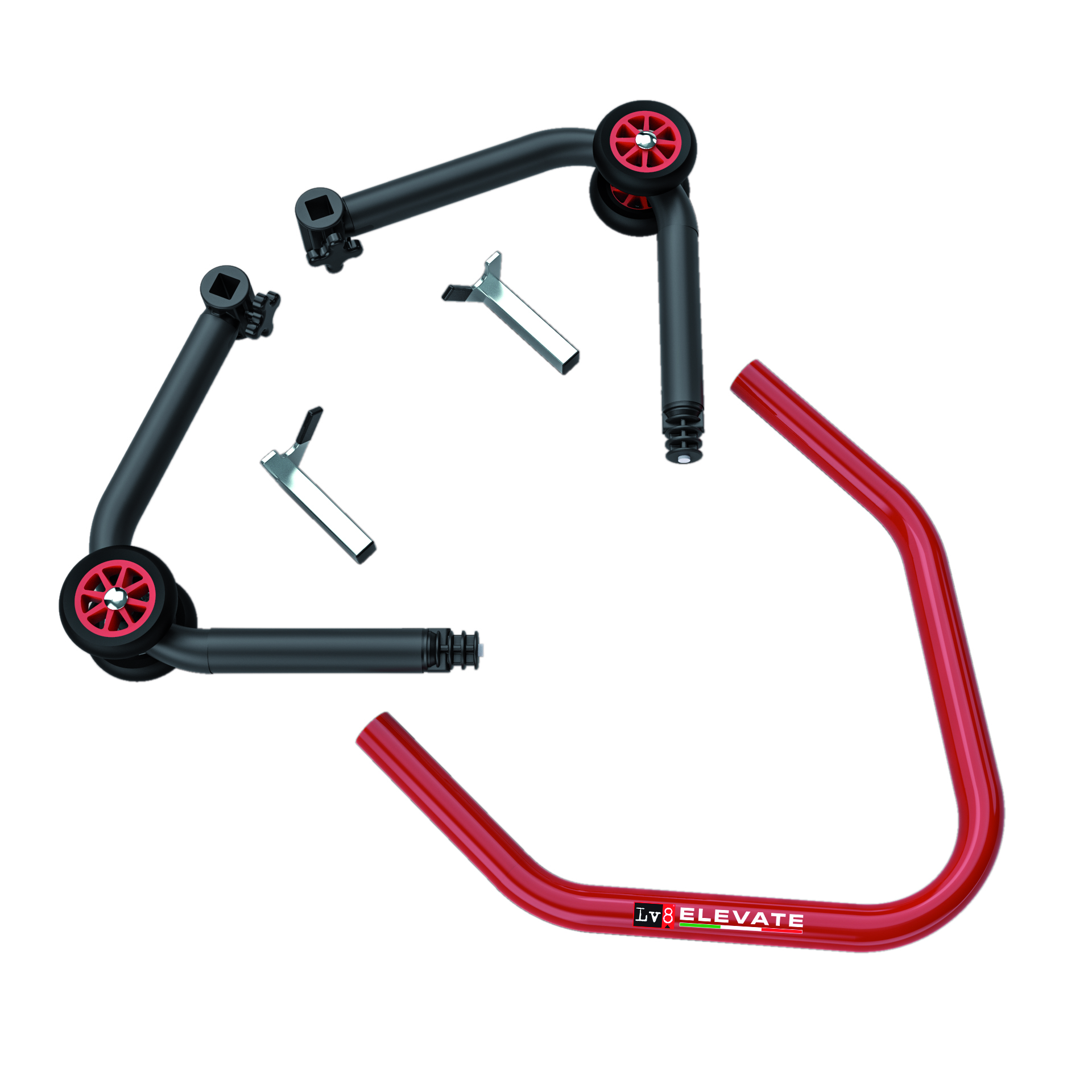 LV8 ELEVATE Universal Paddock Stand for front wheel with Conical Adaptors, Black/Red