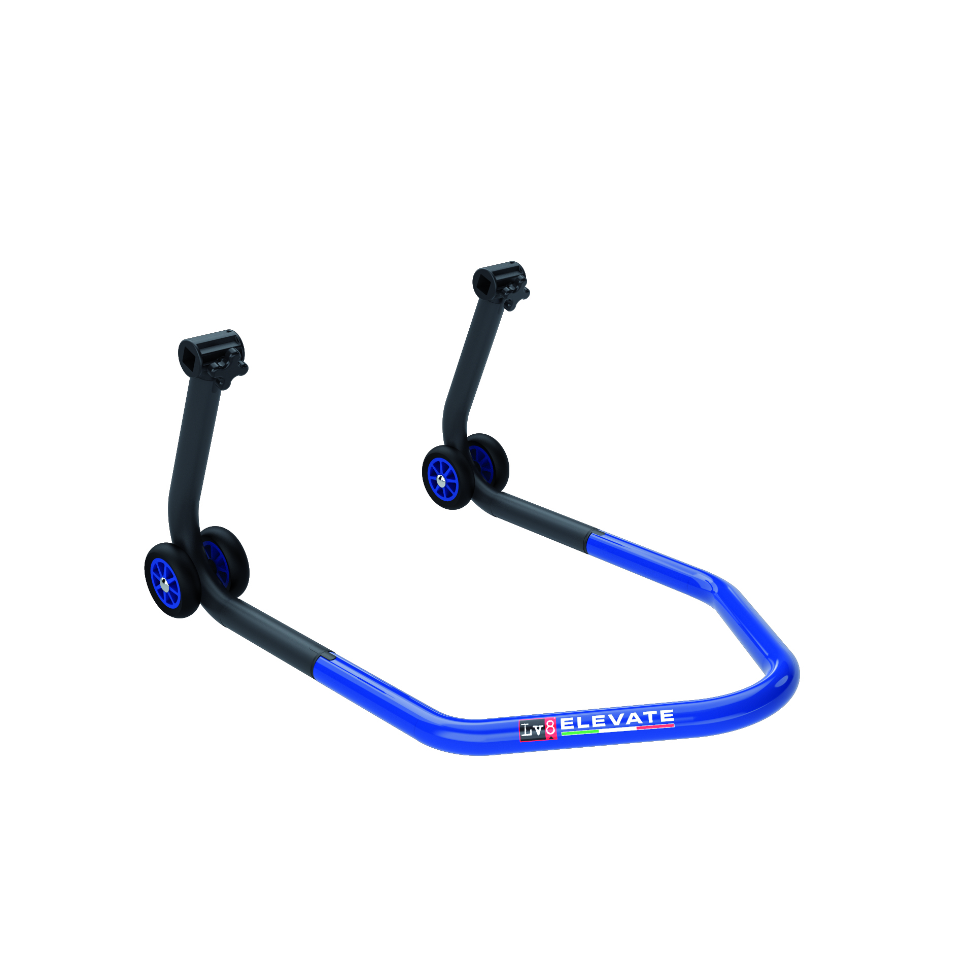 LV8 ELEVATE Universal Paddock Stand for the rear wheel with Rubber Mounts, Black/Blue