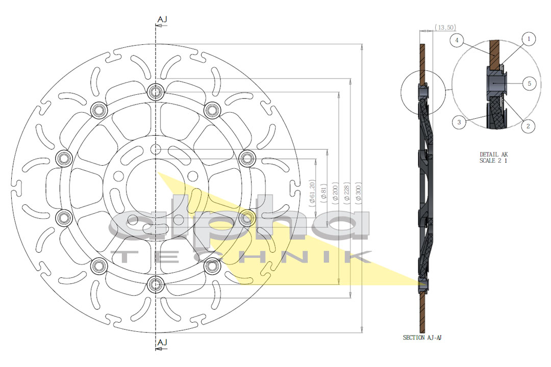 alpha Technik brake disc Omega-Design ABD33, fronte for Kawasaki GPZ, GTR, Z, Zephyr, ZZR, ZR, ZXR