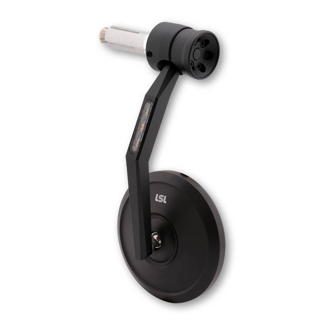 LSL RETRO handlebar Bar End Mirror with Integrated LED flasher light, turn signal and LSL DESIGN-CAP 1, Black, street Type Approved, ECE, 1 Piece Supplied