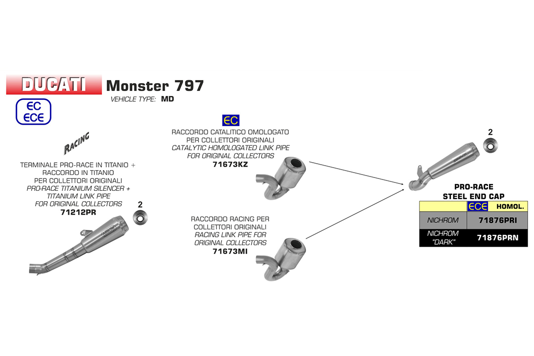 ARROW Link Pipe for Monster 797 2017- / Scrambler 800 2017- / Scrambler 800 Cafe Racer 2017- / Scrambler DS Desert Sled 2017-, with catalyst