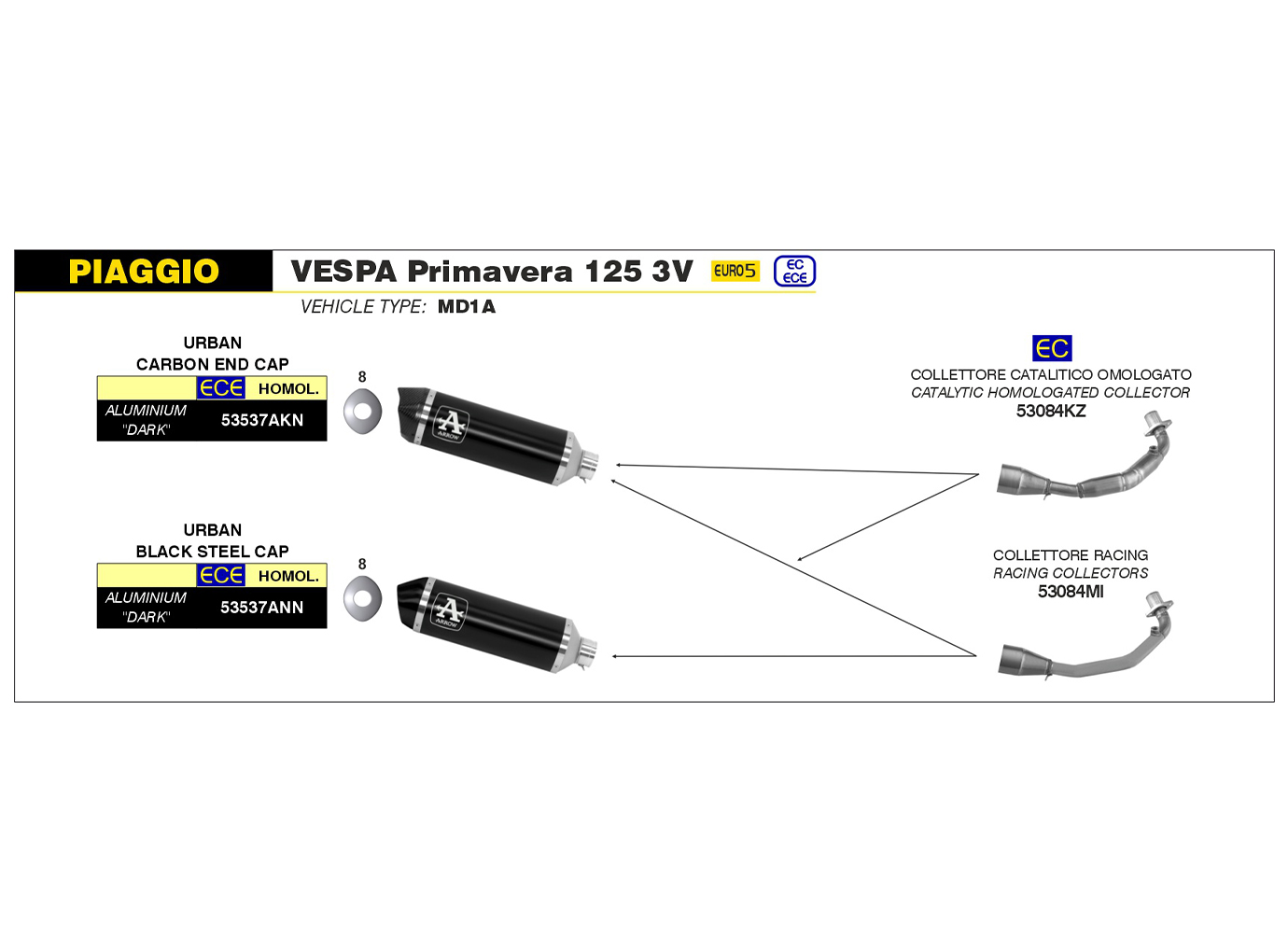 ARROW Racing Header for Piaggio Vespa Primavera 125 2021-, without catalyst