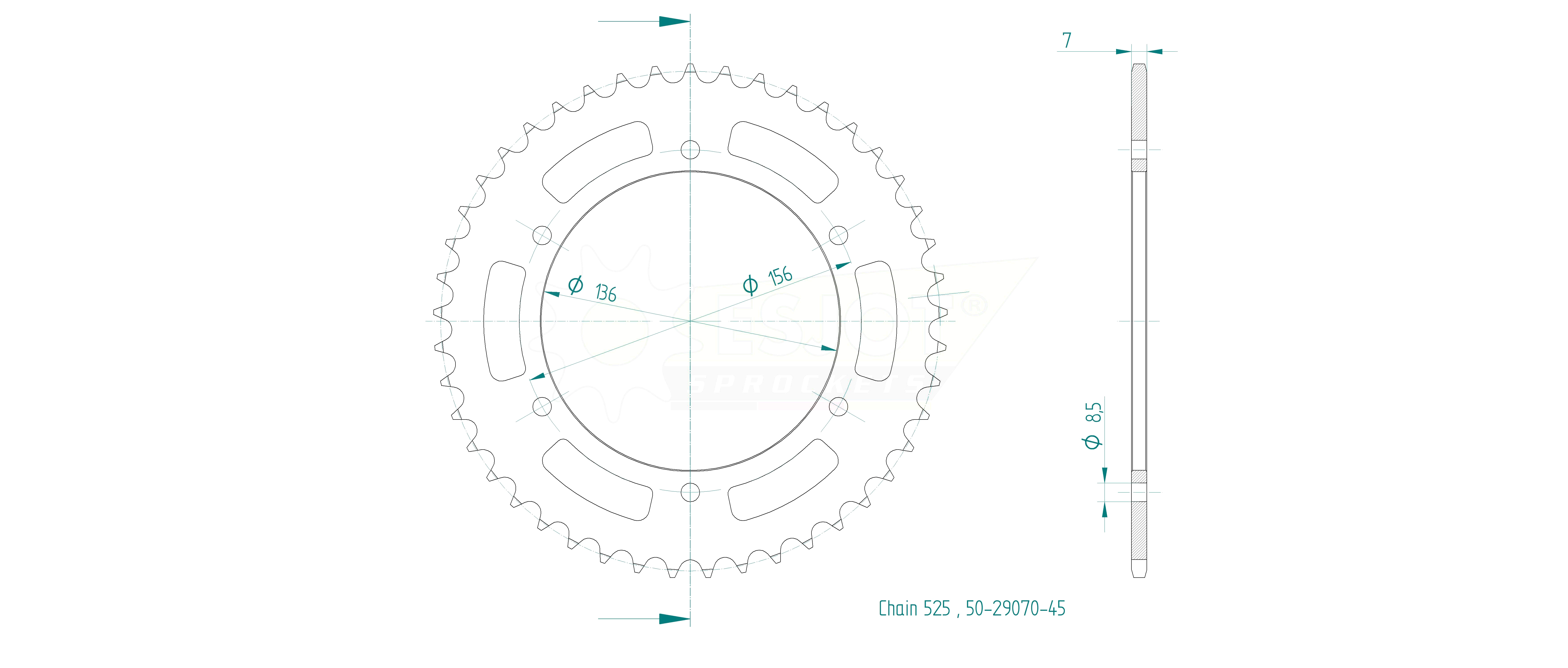 rear sprocket Steel, 45 Teeth, Pitch 525