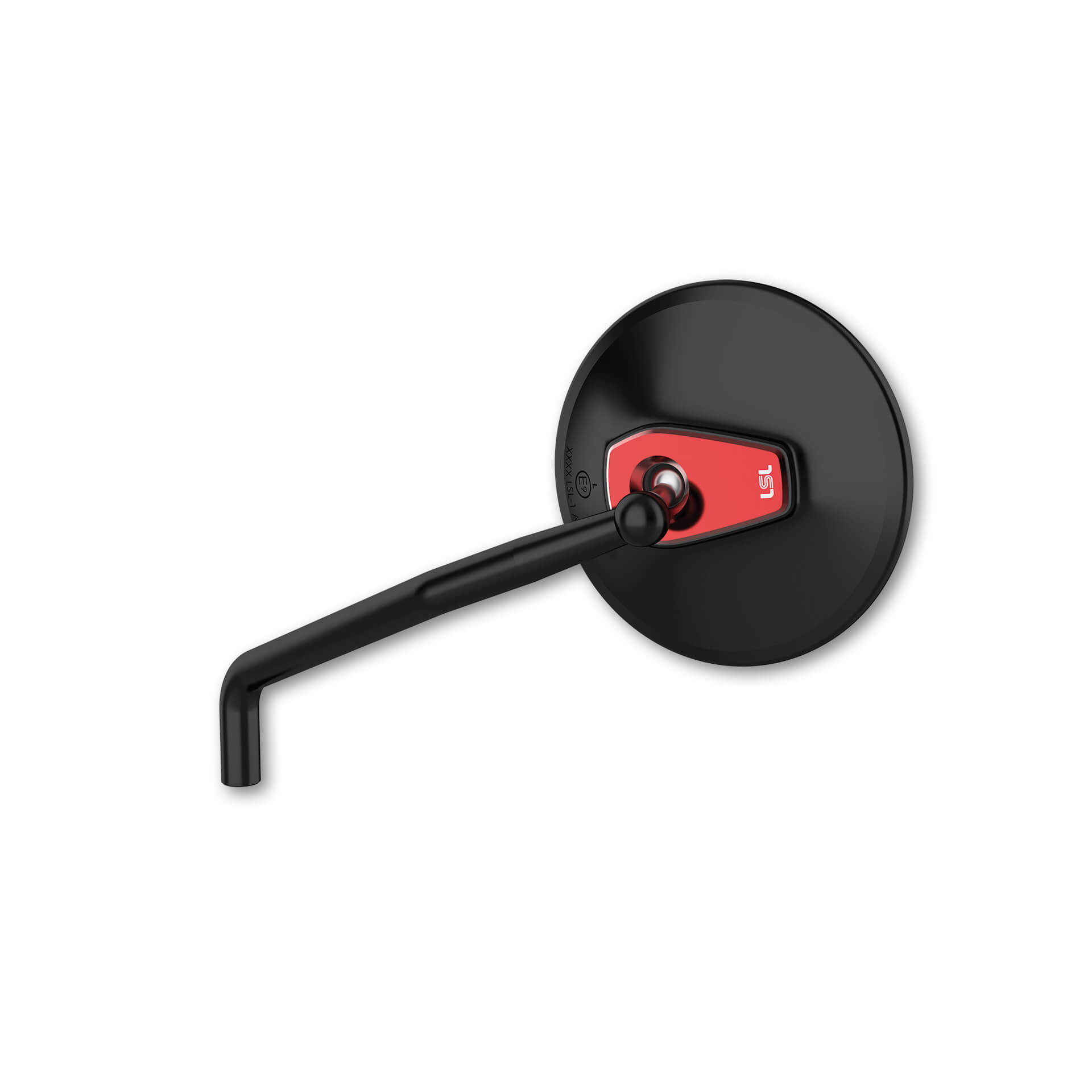 LSL handlebar mirror ERGONIA, 95 mm diameter, black-red, with street approval, ECE, suitable for right side R/S and left side L/S, Scope of delivery: 2 pieces with adapters for Yamaha-LH thread