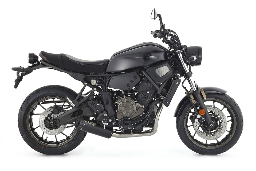 ARROW REBEL Slip-On Exhaust for Yamaha XSR700 2021-, black stainless steel and aluminium end cap (only with ARROW header)