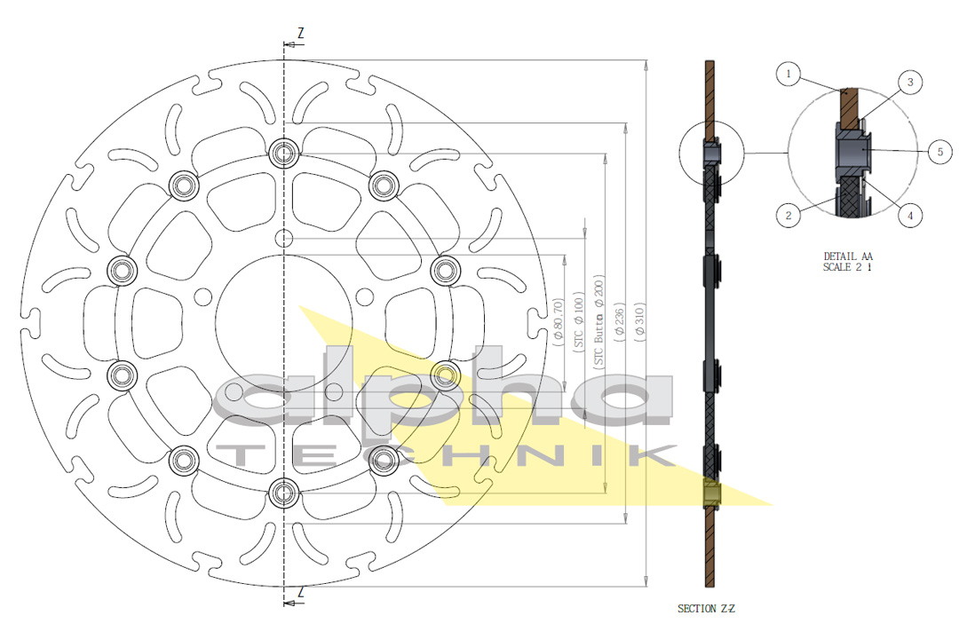 alpha Technik brake disc Omega-Design ABD33, fronte for Kawasaki ZX10R, ZX6R, Versys 1000, GTR1400, ZZR1400, Z800, Z1000