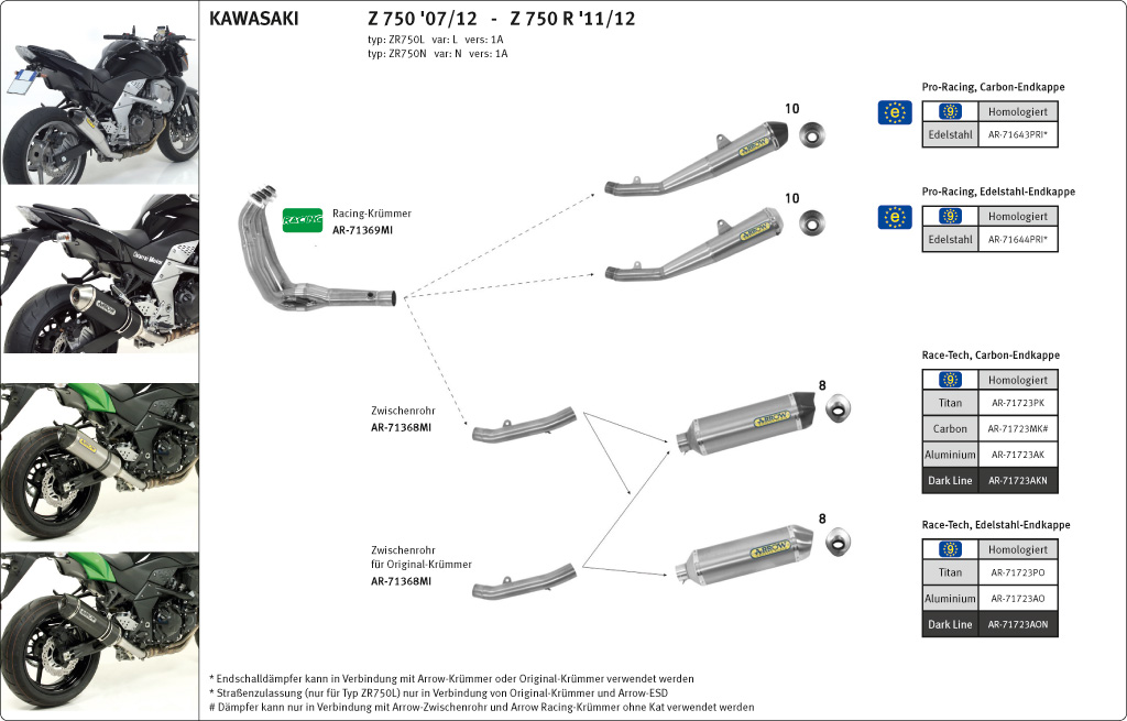 ARROW RACE TECH Titanium Exhaust for Kawasaki Z750/Z750R/Z800 2007-16