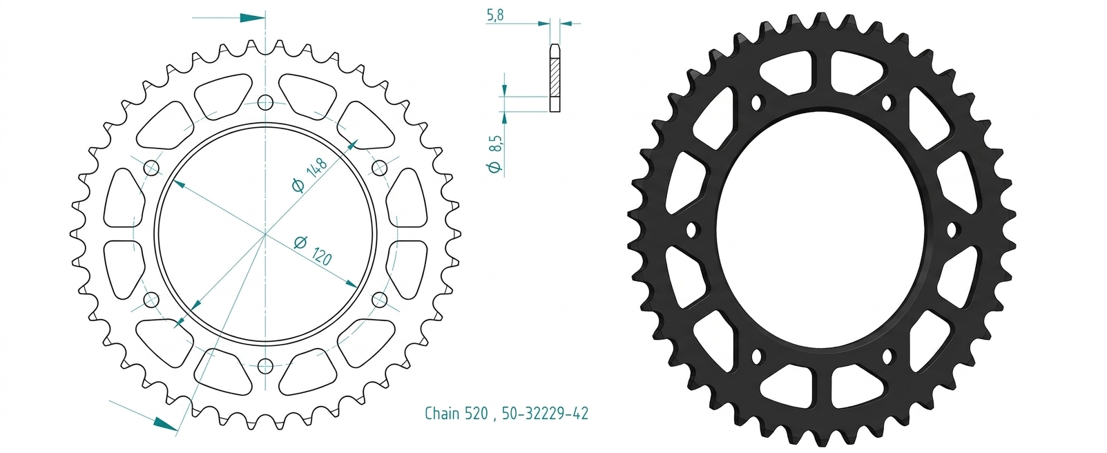 rear sprocket, 42 teeth, 520 pitch, for various Ducati models