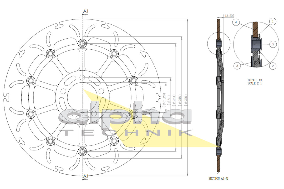 alpha Technik brake disc Omega-Design ABD33, front for Kawasaki ZZR, ZR, ZXR, VN1500