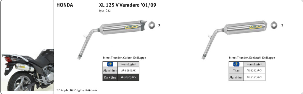 ARROW THUNDER Exhaust for Honda XL125V Varadero 2001-2012, Titanium