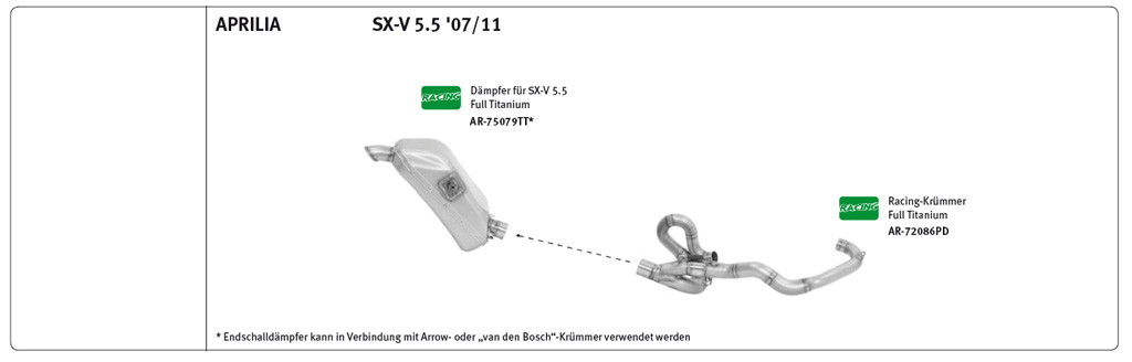 ARROW Header, Titanium for Aprilia SXV450/550 Type VS, Model Year 2007-2014