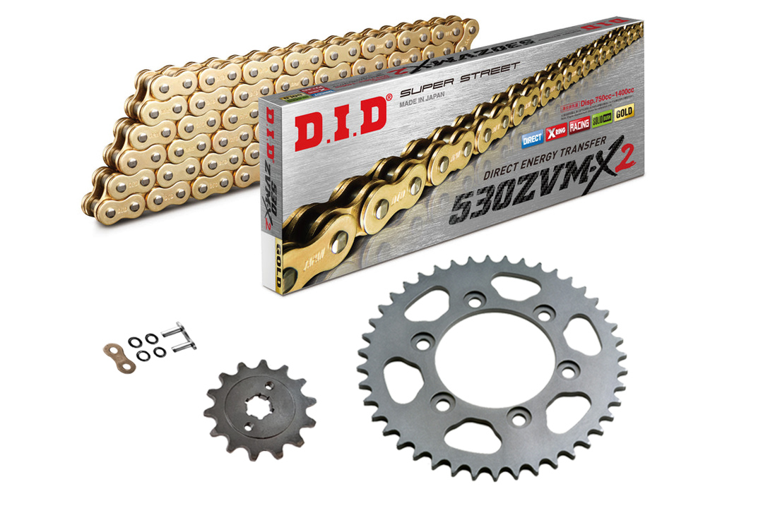 DID chain kit with 530ZVM-X2 chain, gold colour, for Suzuki GSX1300 B-King, model year 2007-2010 and GSX1300R Hayabusa, model year 2008-
