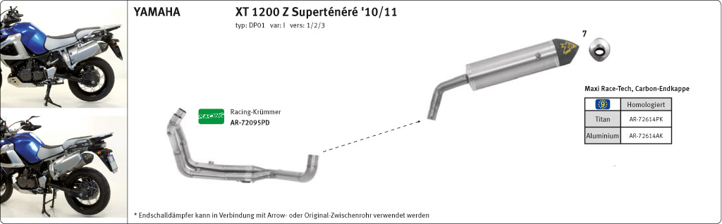 ARROW Exhaust Manifold for Yamaha XT1200Z 2010-, Stainless Steel