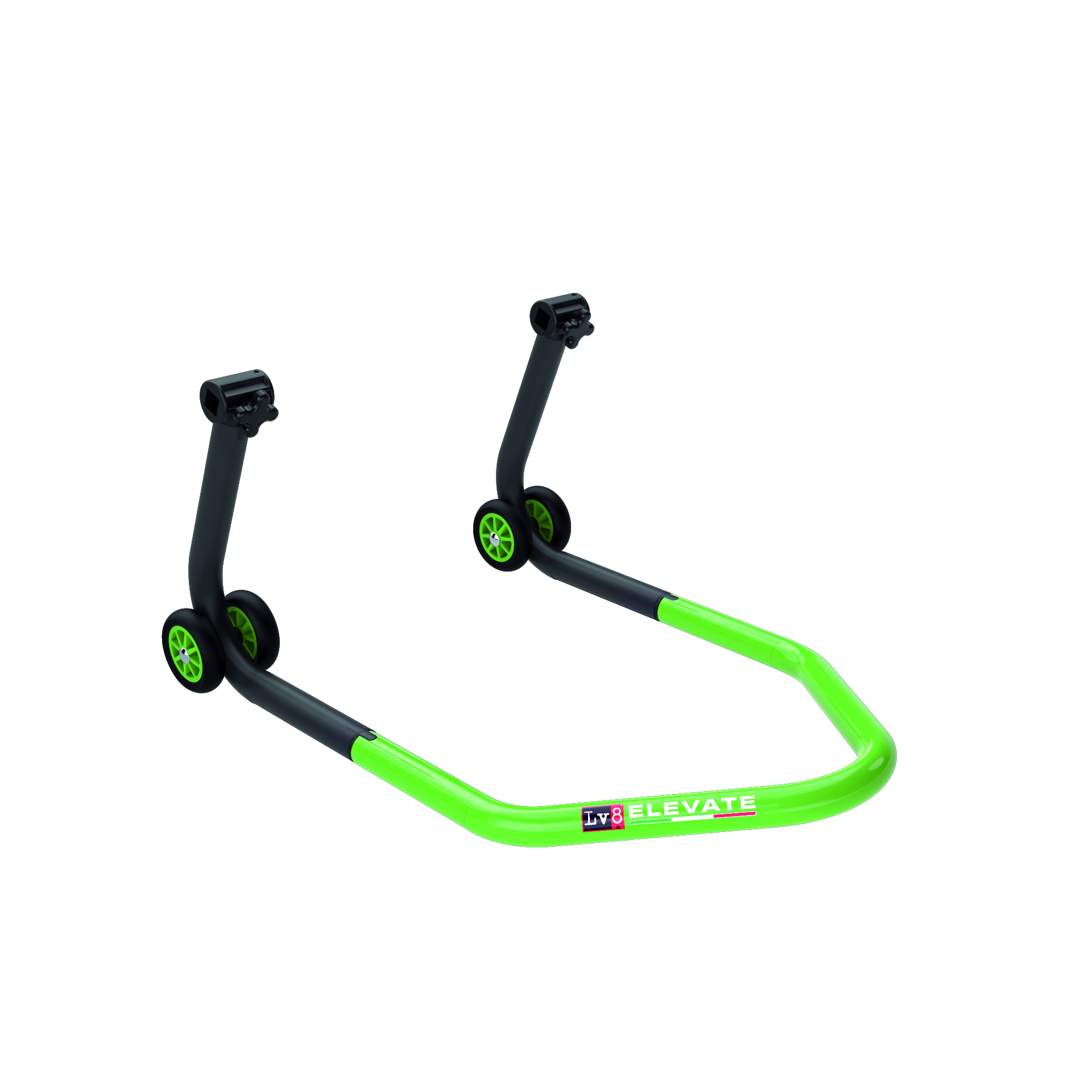 LV8 ELEVATE Universal Paddock Stand for rear wheel with V-shaped mountings, Black/Green