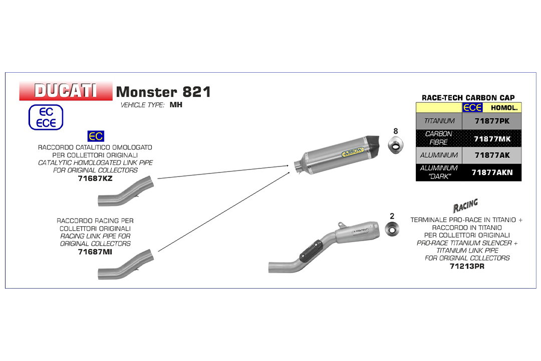 ARROW Mid-pipe for Ducati Monster 821 2018- , with catalyst